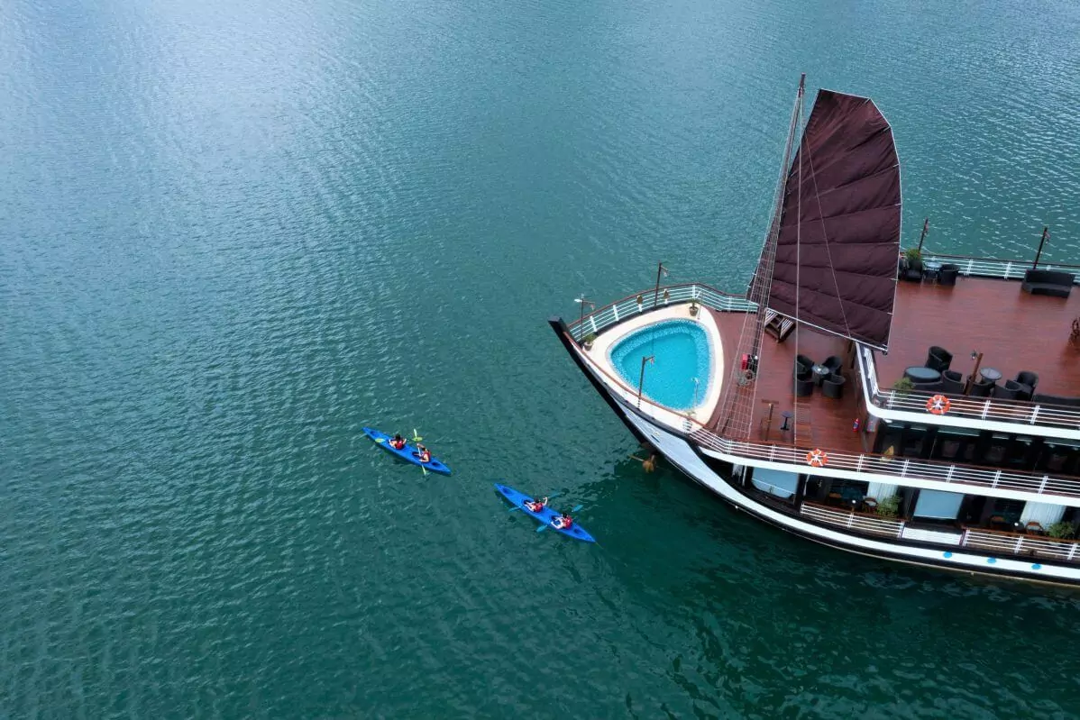 Amanda Luxury Cruise Lan Ha Bay Kayaking Bow Pool Aerial