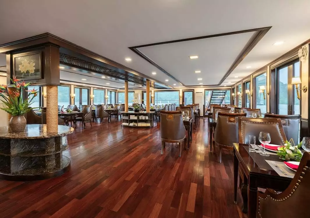 Amanda Luxury Cruise Lan Ha Bay restaurant dining hall with bay view windows