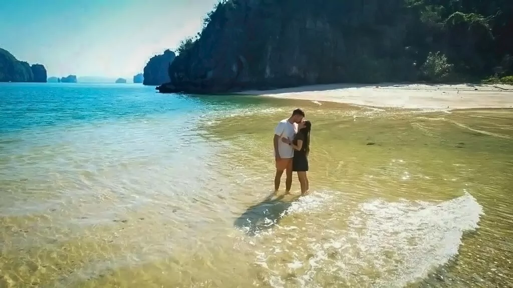 Cay Bang Beach in Cong Dam Area, Bai Tu Long Bay -- one of three pristine uncrowded white sand beaches in the outdoor geological museum zone of Bai Tu Long Bay