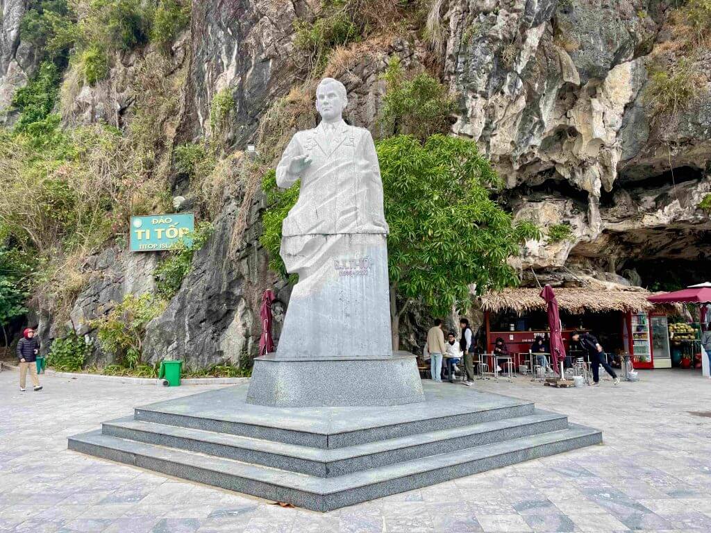 Bronze statue of Soviet cosmonaut Gherman Titov at Ti Top Island entrance, Halong Bay Vietnam — unveiled September 2015