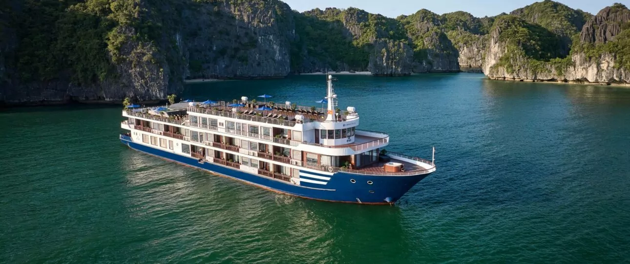 Erina Cruise Lan Ha Bay aerial view anchored near limestone karsts