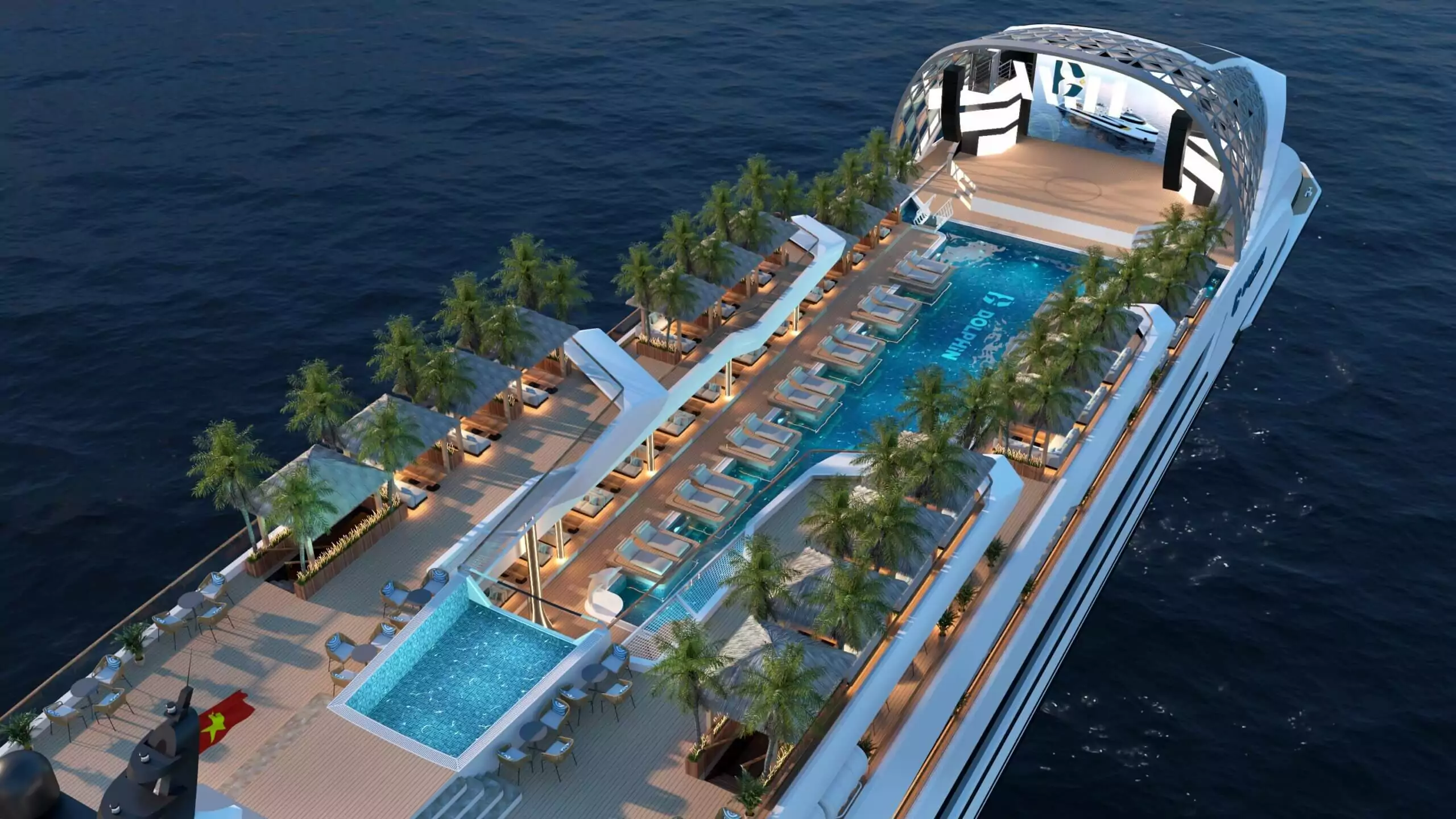 Aerial view of the DomeStage and four-season pool on Dolphin Halong Bay Day Cruise