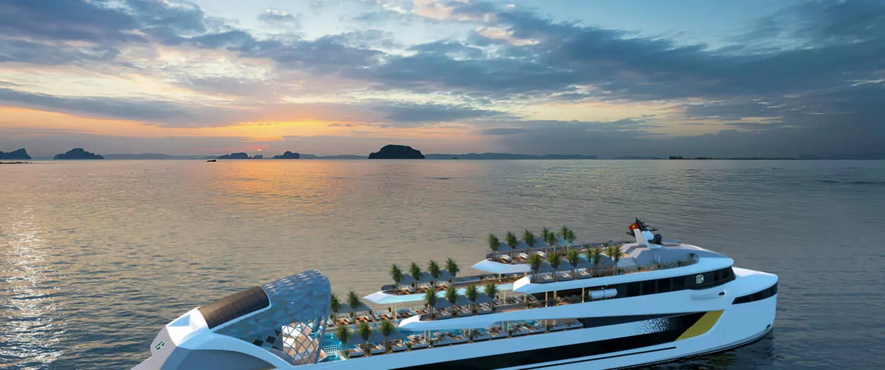 Dolphin Halong Bay Day Cruise sailing on Halong Bay at sunset