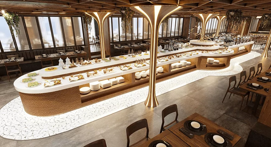 Open-kitchen restaurant on Dolphin Halong Bay Day Cruise serving Asian and European buffet cuisine