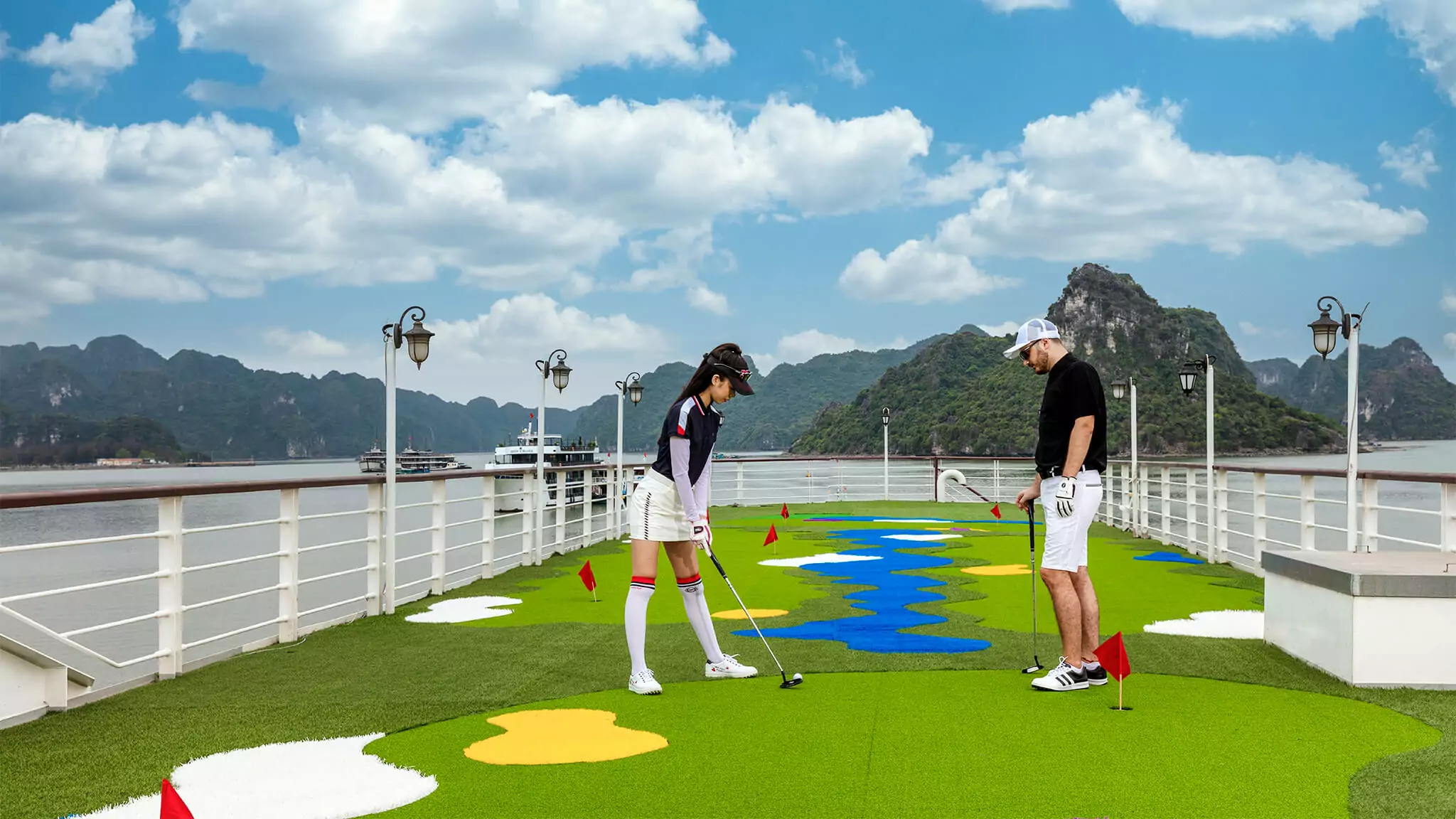 Mon Cheri Cruises Halong Bay 360-degree view mini golf course on the sundeck