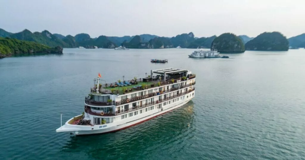 Amanda Cruise Halong Bay aerial view sailing at sunset