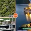 Split image comparing Halong Bay day cruise on calm daytime water versus overnight cruise sailing at sunset, side by side
