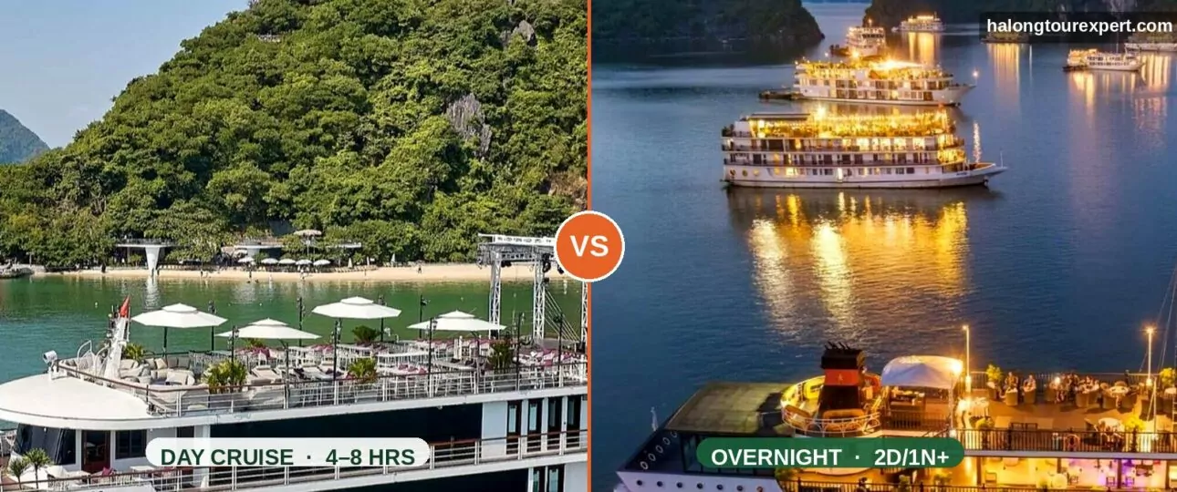 Split image comparing Halong Bay day cruise on calm daytime water versus overnight cruise sailing at sunset, side by side