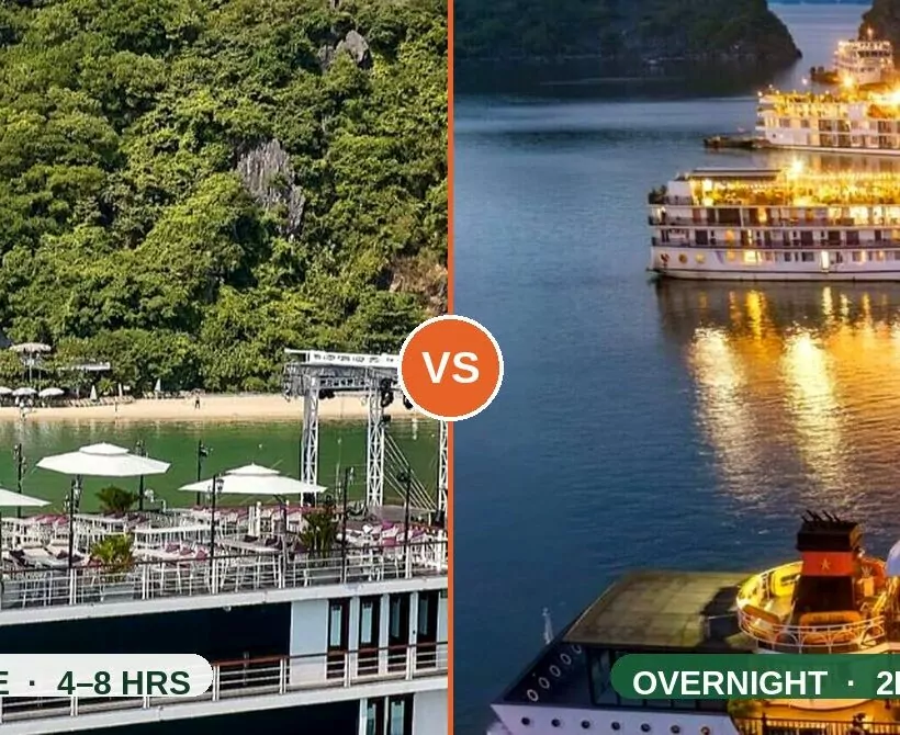 Split image comparing Halong Bay day cruise on calm daytime water versus overnight cruise sailing at sunset, side by side