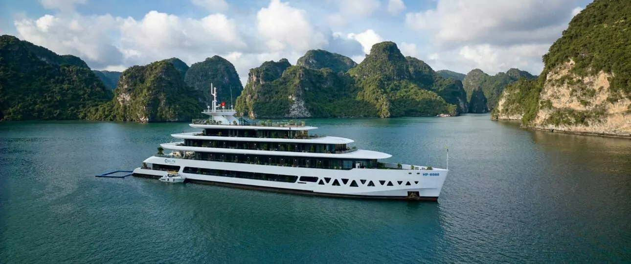 Elite of the Seas Cruise aerial exterior sailing past Halong Bay limestone karsts