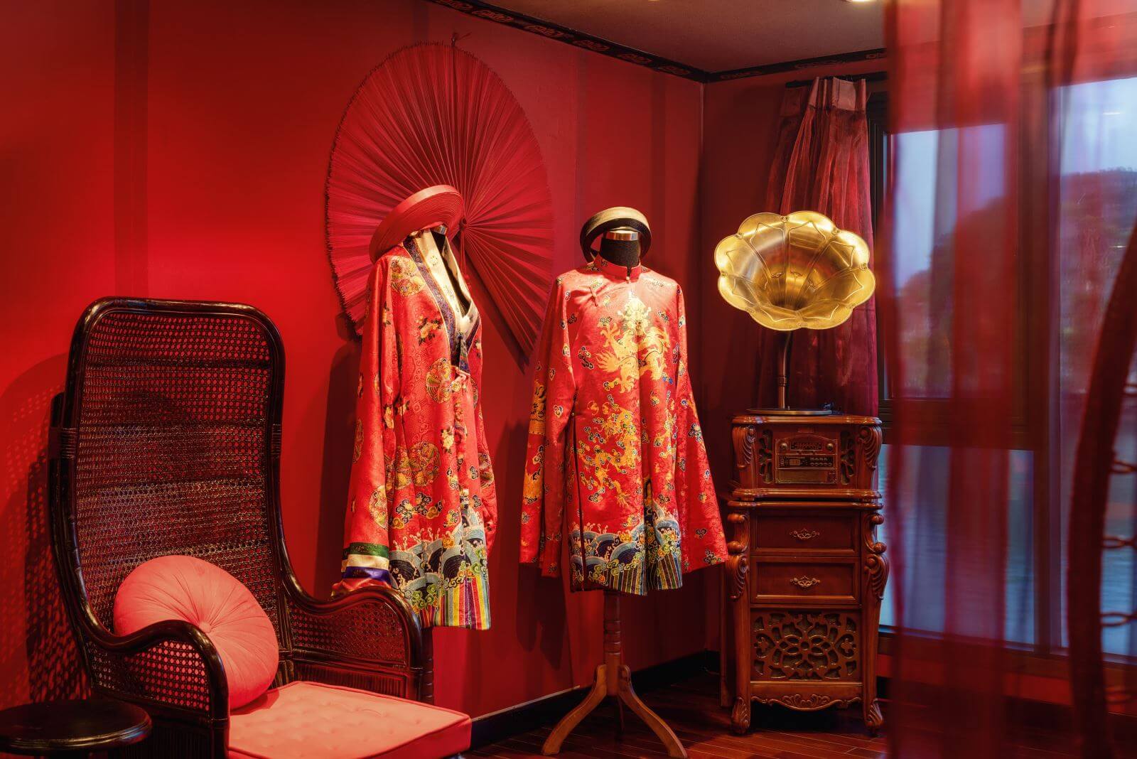 Vintage Vietnamese costume display in the Gallery on Indochine Cruise