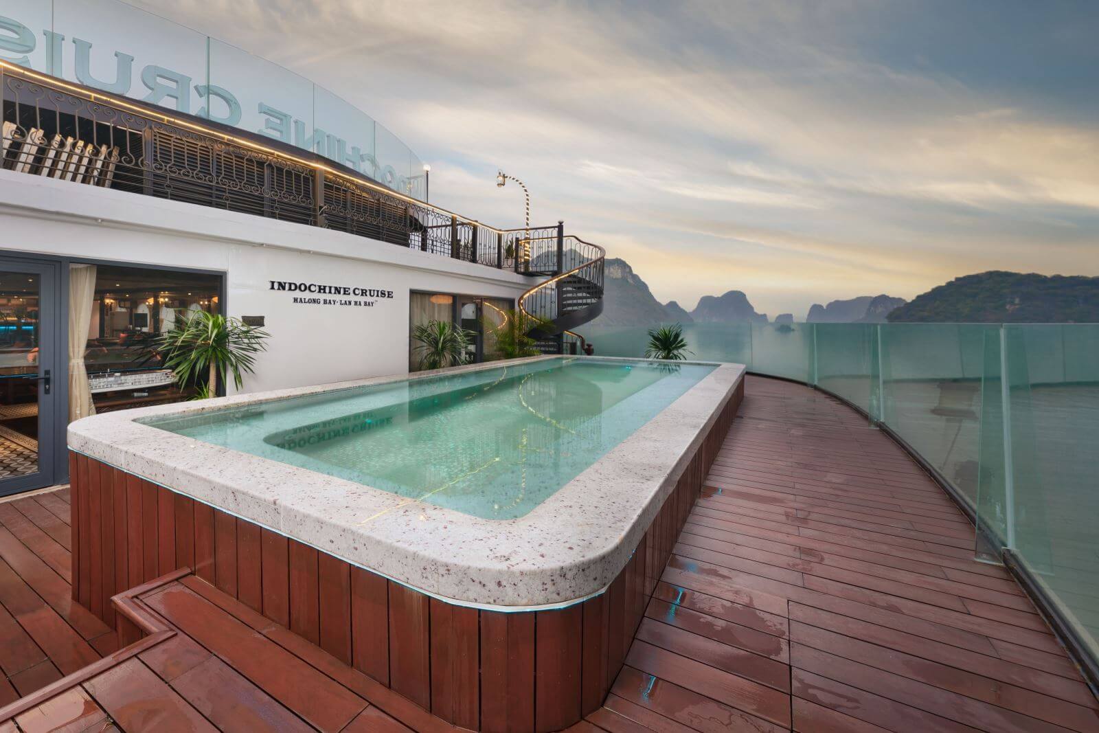 Pearl Swimming Pool aboard Indochine Cruise overlooking Halong Bay