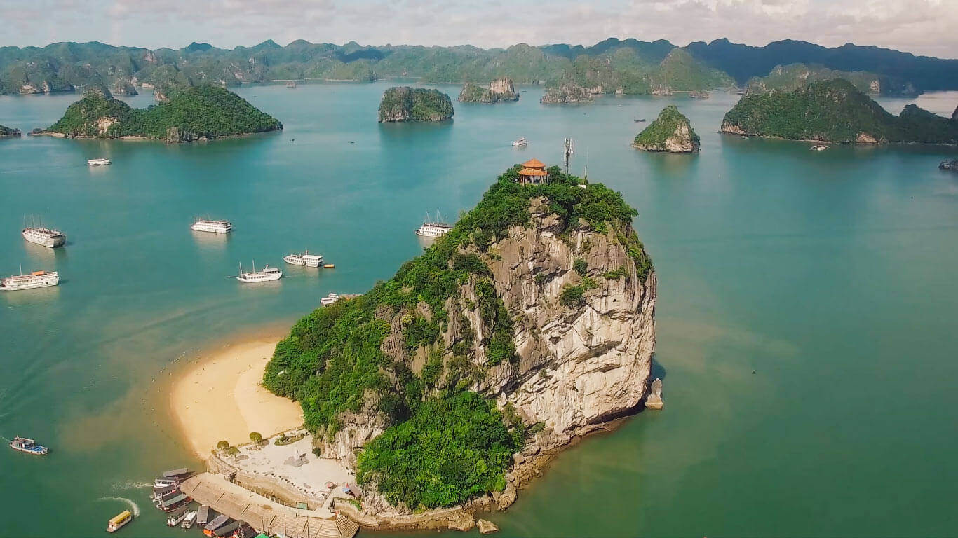 Aerial view of Ti Top Island visited by La Casta Daily Cruise in Halong Bay