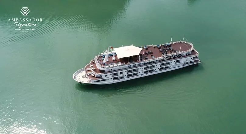 Ambassador Signature Cruise luxury ship aerial view Halong Bay