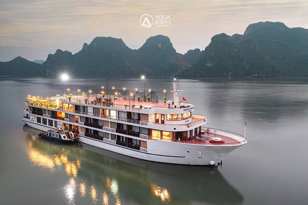 Aqua Of The Seas Cruise at sunset in Halong Bay