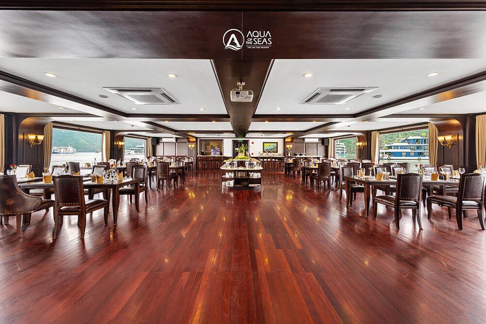 Restaurant dining hall on Aqua Of The Seas Cruise with Halong Bay views