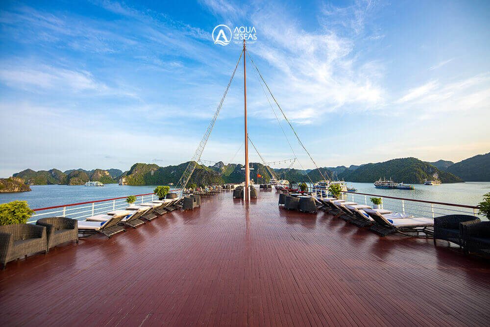 Sundeck with lounge chairs on Aqua Of The Seas Cruise, Halong Bay