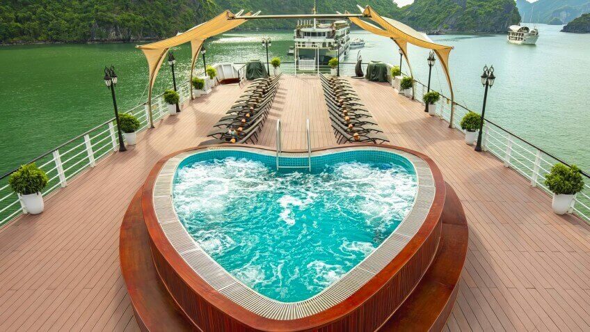 Aspira Cruise heart-shaped jacuzzi on the sundeck overlooking Lan Ha Bay