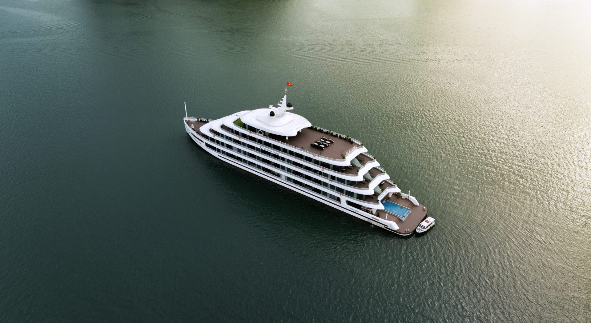 Top-down aerial view of Catherine Cruise Halong Bay showing the stern pool deck