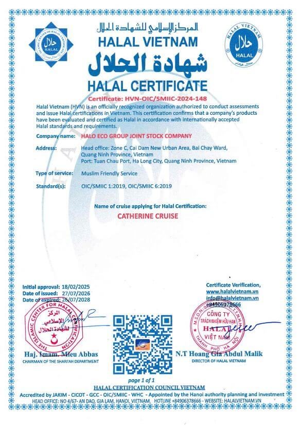 Official Halal Certificate issued to Catherine Cruise Halong Bay by Halal Vietnam