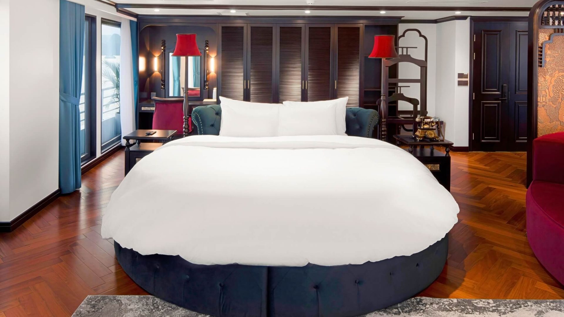 Catherine Cruise Halong Bay Villa President Suite bedroom with round bed