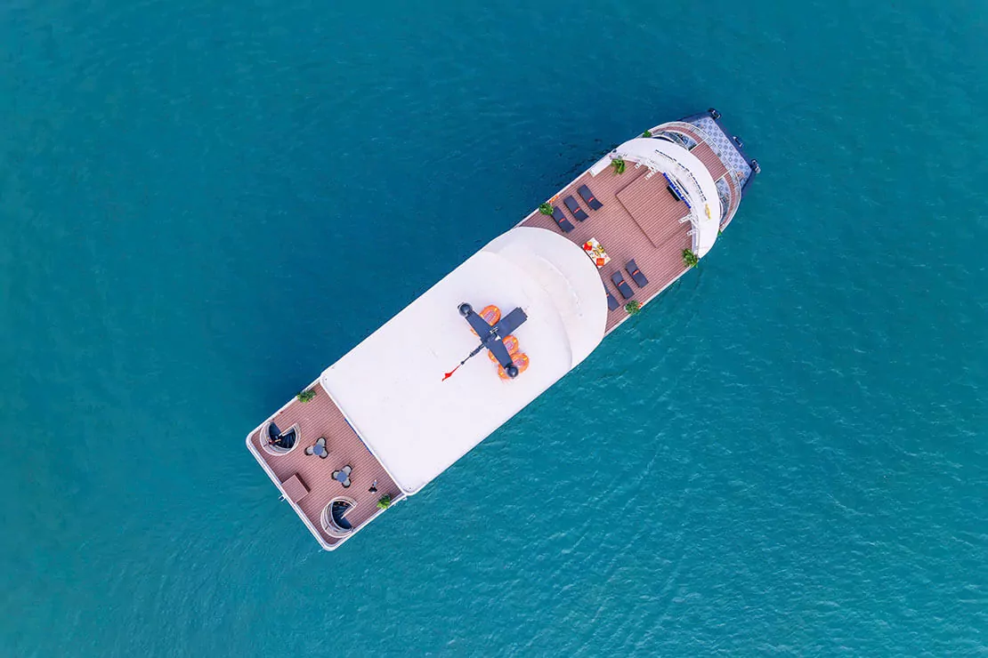 Aerial drone view of Diamond Era Cruise on Halong Bay