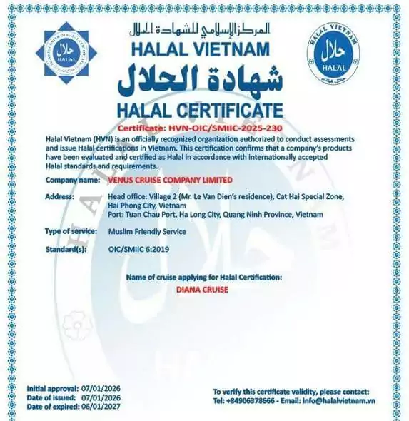 Diana Cruise Halal certificate — most recently certified Halal cruise in Halong Bay