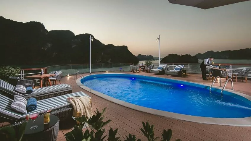 La Piscine, the outdoor swimming pool on Heritage Binh Chuan Cruise's sundeck.
