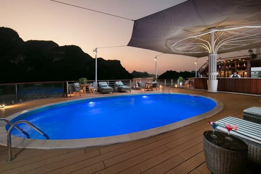Poolside deck at La Piscine on Heritage Binh Chuan Cruise.
