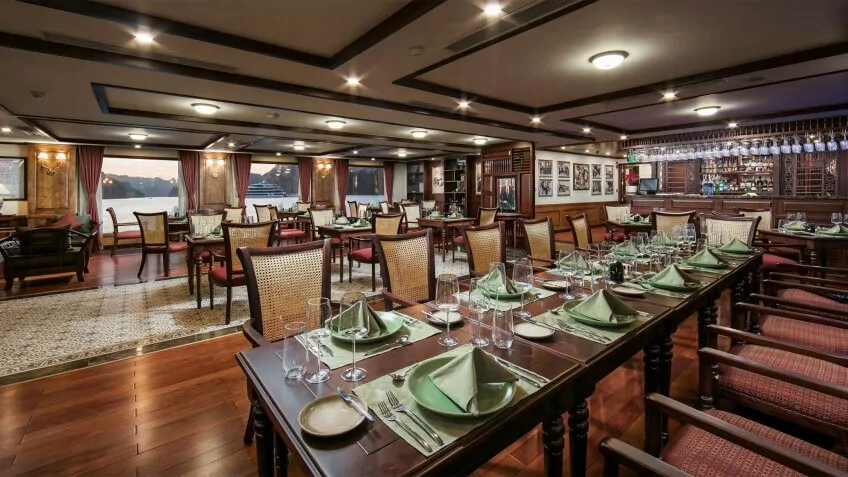 Le Tonkin Restaurant on the 1st deck of Heritage Binh Chuan Cruise, serving royal-themed dinners.