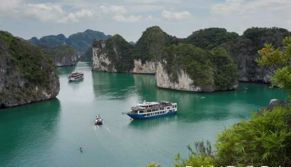 La Pandora Boutique Cruise sailing through Lan Ha Bay, aerial view