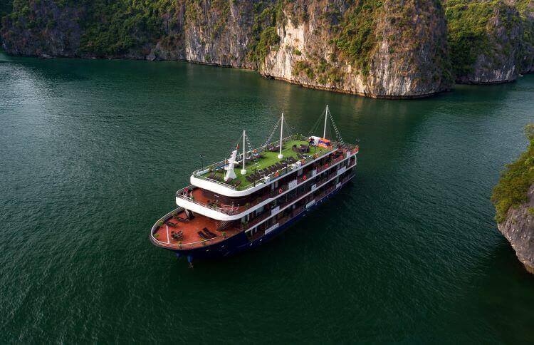 Aerial view of Halong Bay along the La Pandora Cruise route