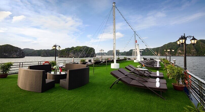 Sundeck lounge area on La Pandora Cruise in Halong Bay
