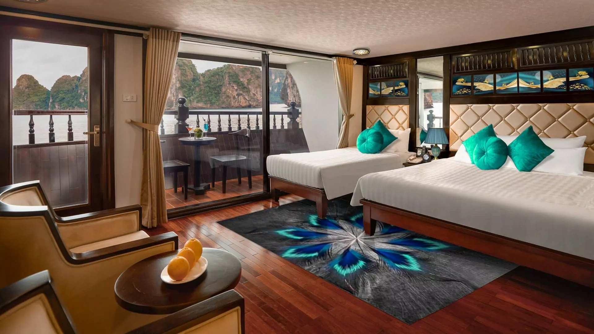 Royal Suite VIP bedroom aboard Alisa Premier Cruise with private balcony