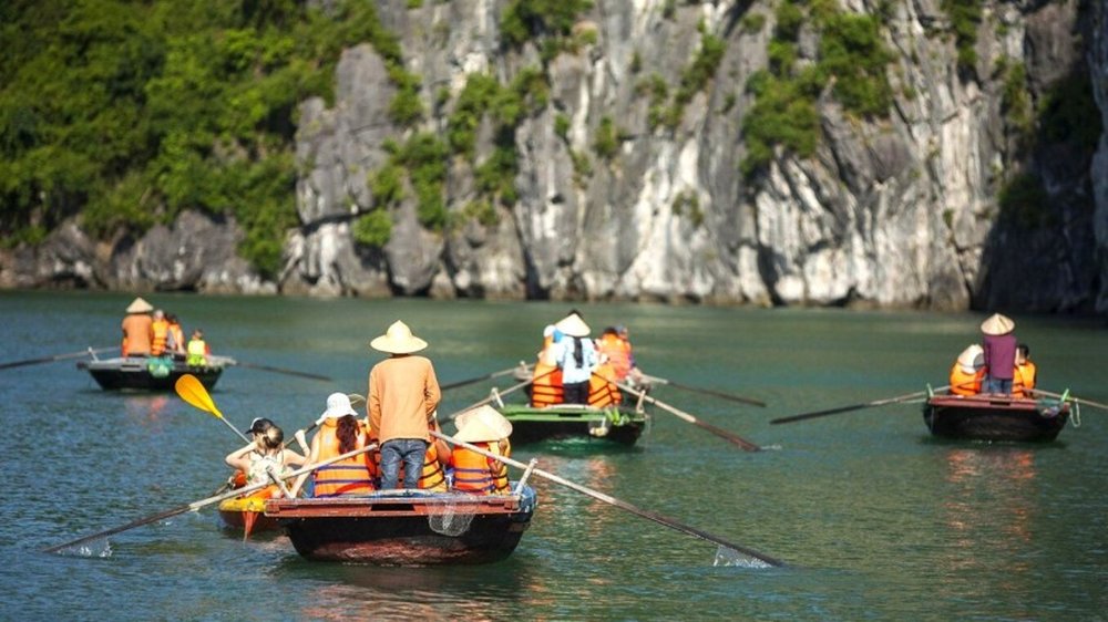 Traditional bamboo boat trip near Luon Cave