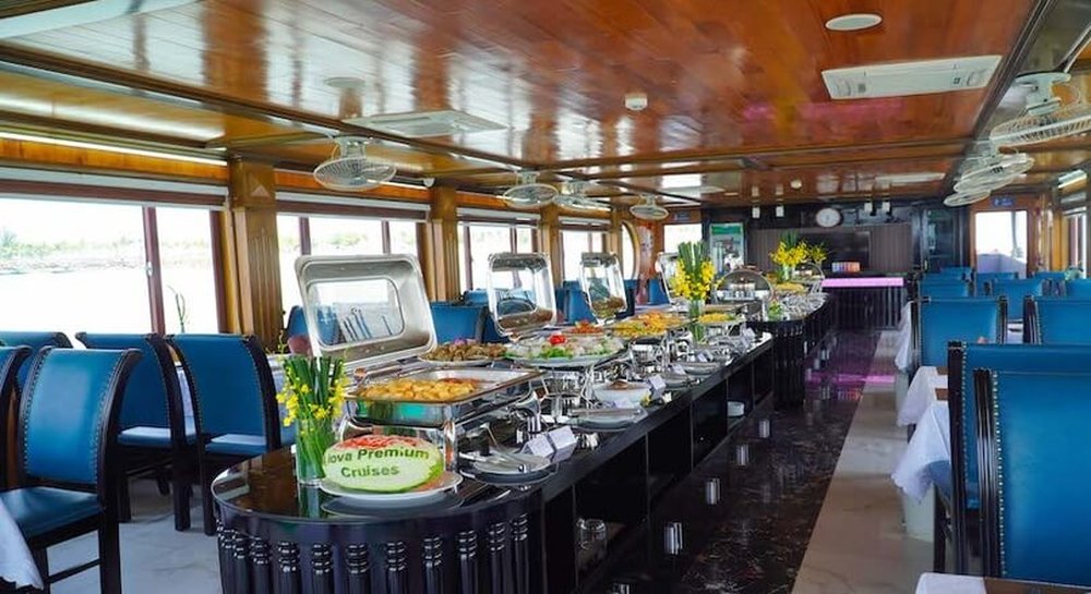 Buffet lunch set up in the restaurant aboard Alova Premium Day Cruise