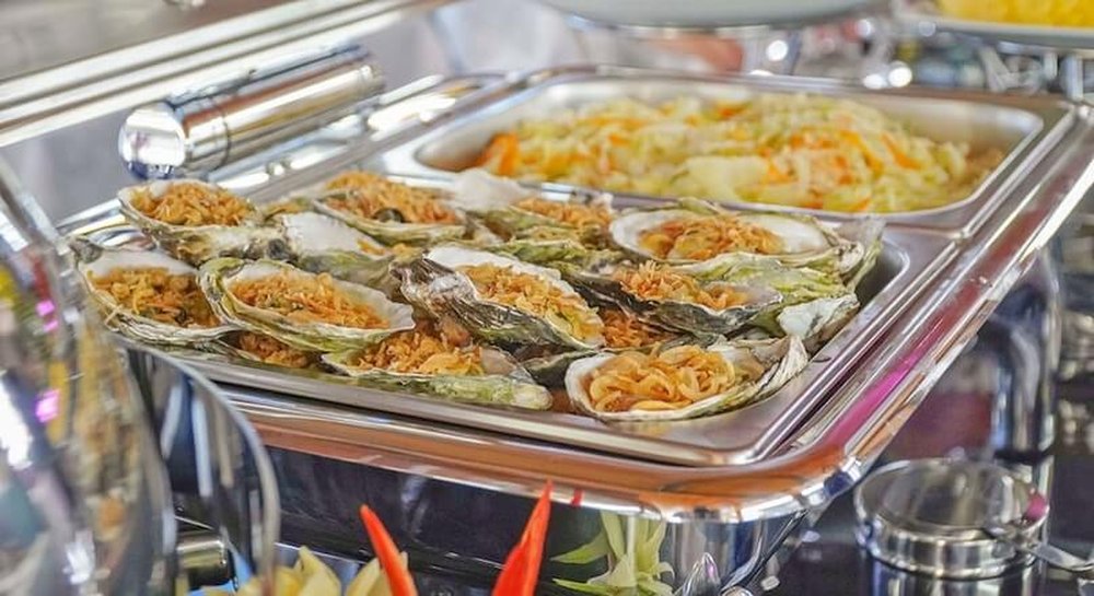 Fresh seafood dishes on the buffet