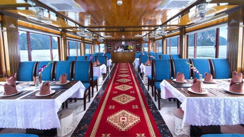 Panoramic-view restaurant interior on a Halong Bay day cruise