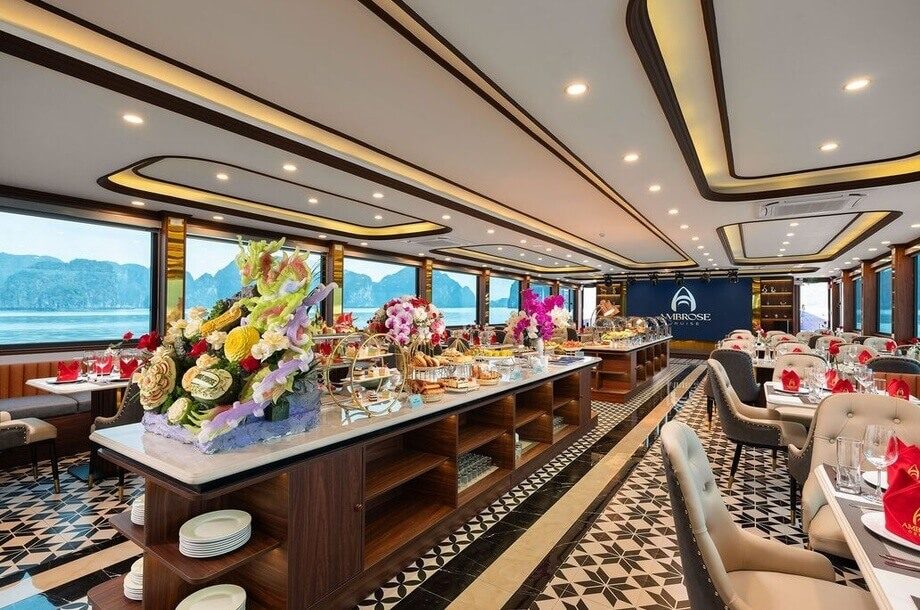 Afternoon tea buffet spread served on Ambrose Day Cruise Halong Bay
