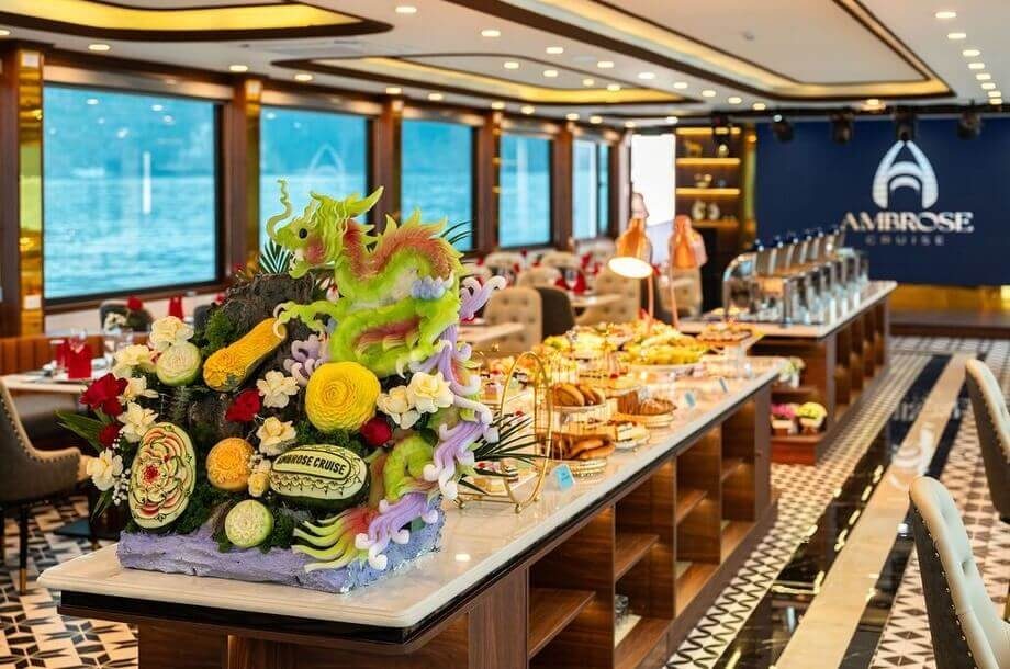 Fruit carving display on the buffet lunch aboard Ambrose Day Cruise Halong Bay