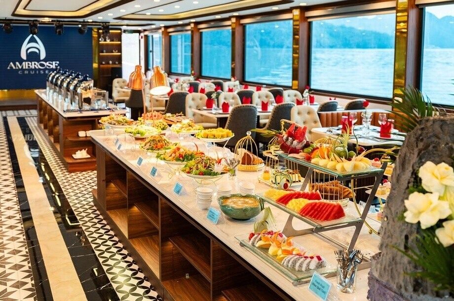 Buffet spread of Vietnamese and international dishes on Ambrose Day Cruise