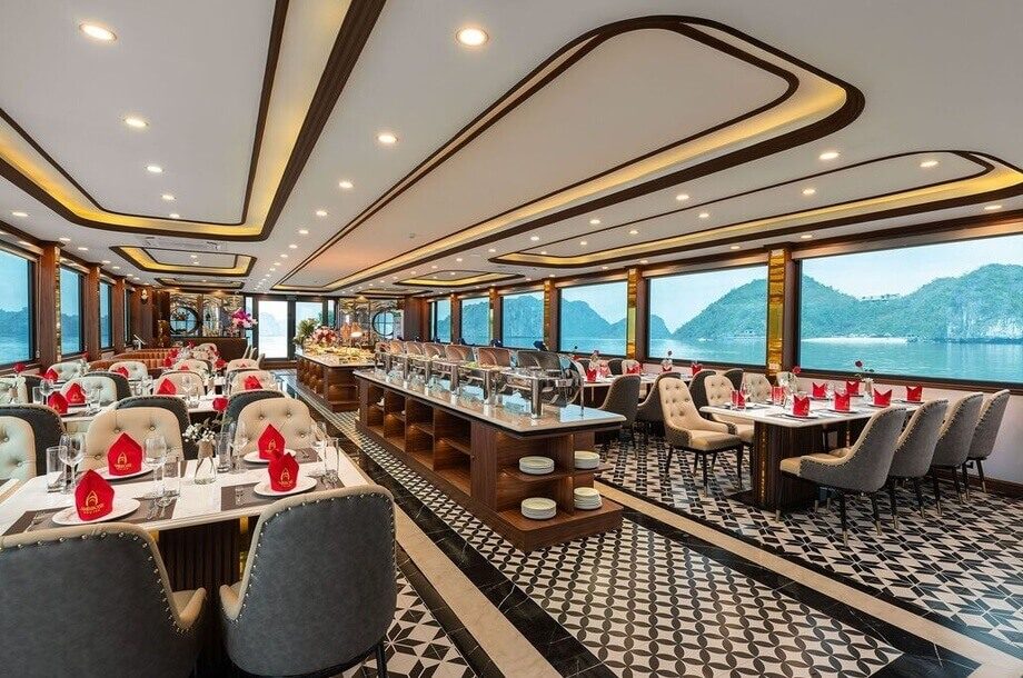 Panoramic view of the dining room aboard Ambrose Day Cruise Halong Bay