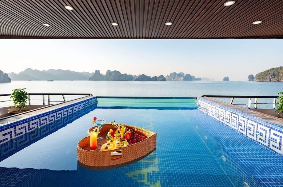 Infinity pool aboard Ambrose Day Cruise overlooking Halong Bay