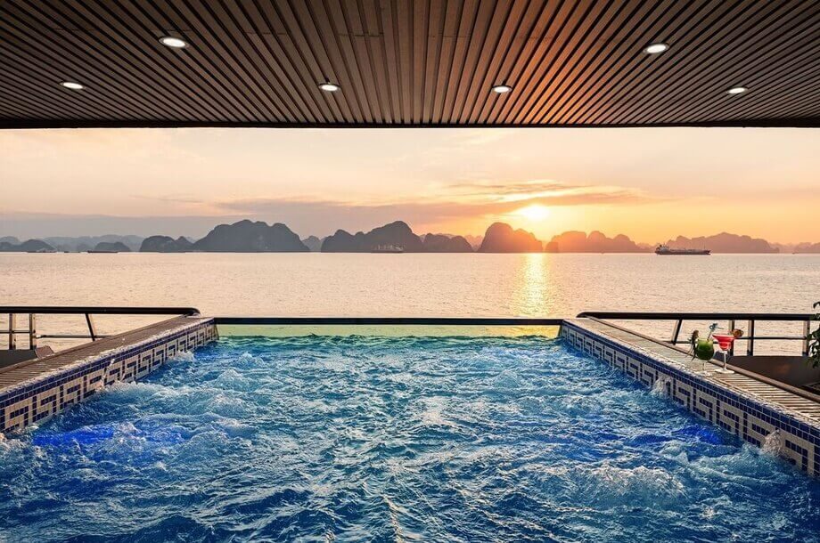 Infinity pool at sunset aboard Ambrose Day Cruise Halong Bay