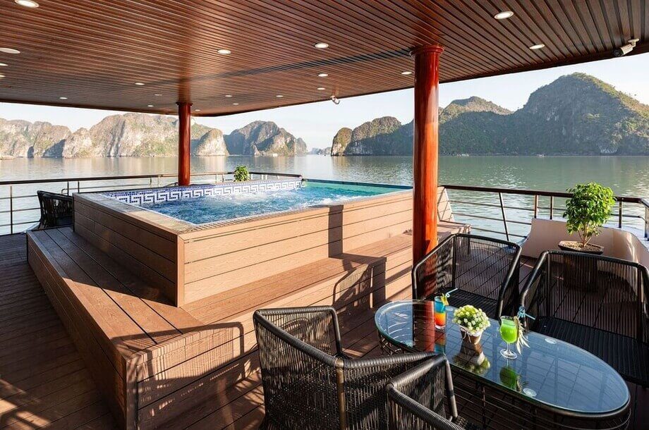 Pool deck seating area aboard Ambrose Day Cruise Halong Bay