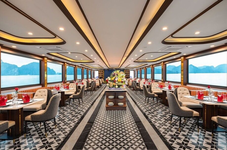 Interior of the air-conditioned restaurant on Ambrose Day Cruise Halong Bay