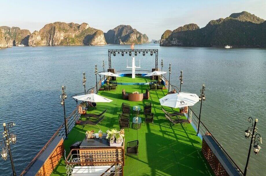 Sundeck stage and lighting setup aboard Ambrose Day Cruise Halong Bay