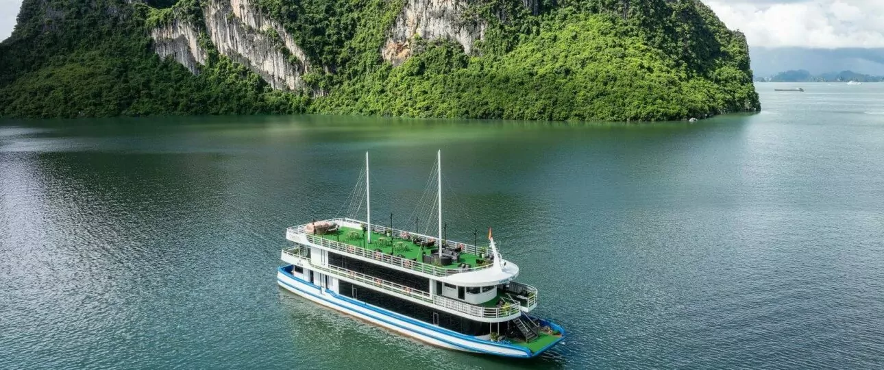 Aerial view of Carnival Day Cruise sailing through Halong Bay