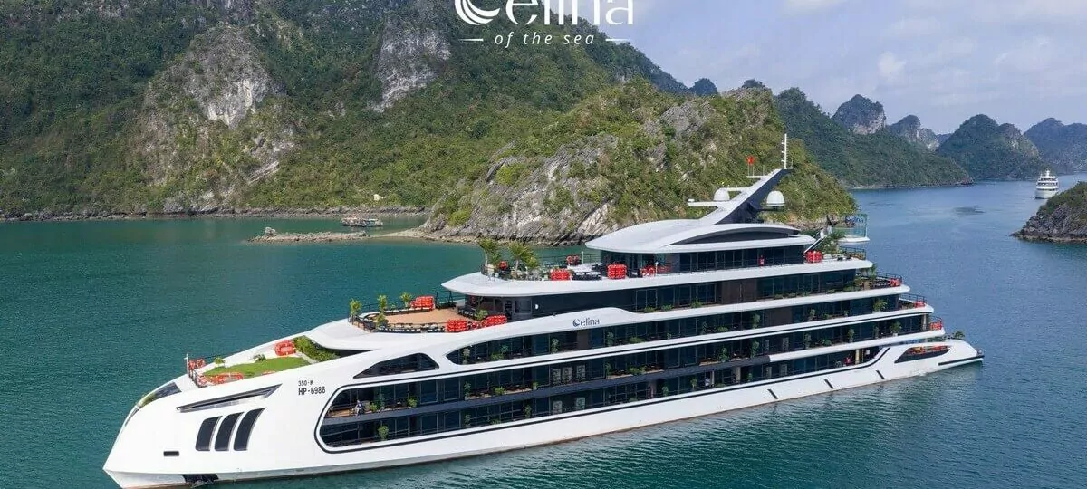 Celina of the Sea Cruise sailing through Lan Ha Bay, aerial view