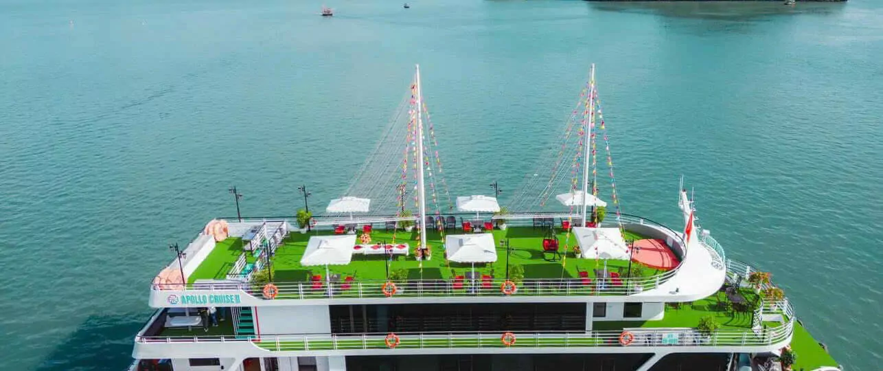 Halong Apollo Day Cruise ship sailing on Halong Bay aerial view